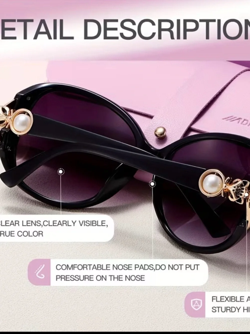 Women's Purple Gradient Oversized Sunglasses with Pearl Accent - Picture 2 of 2